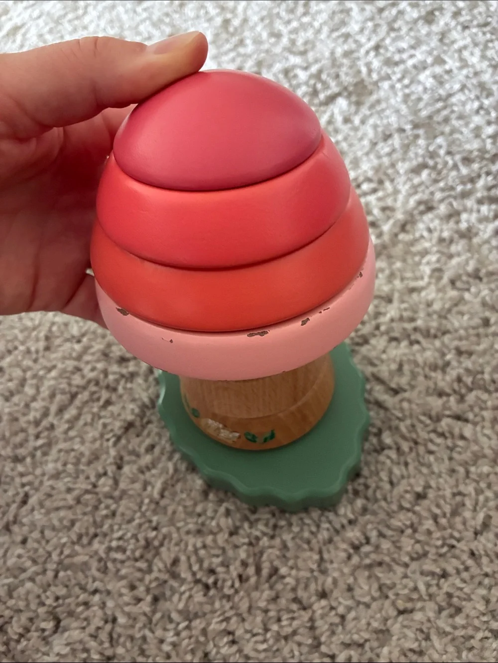 Wooden Stacking Mushroom Toy - Pink and Red with Green Base